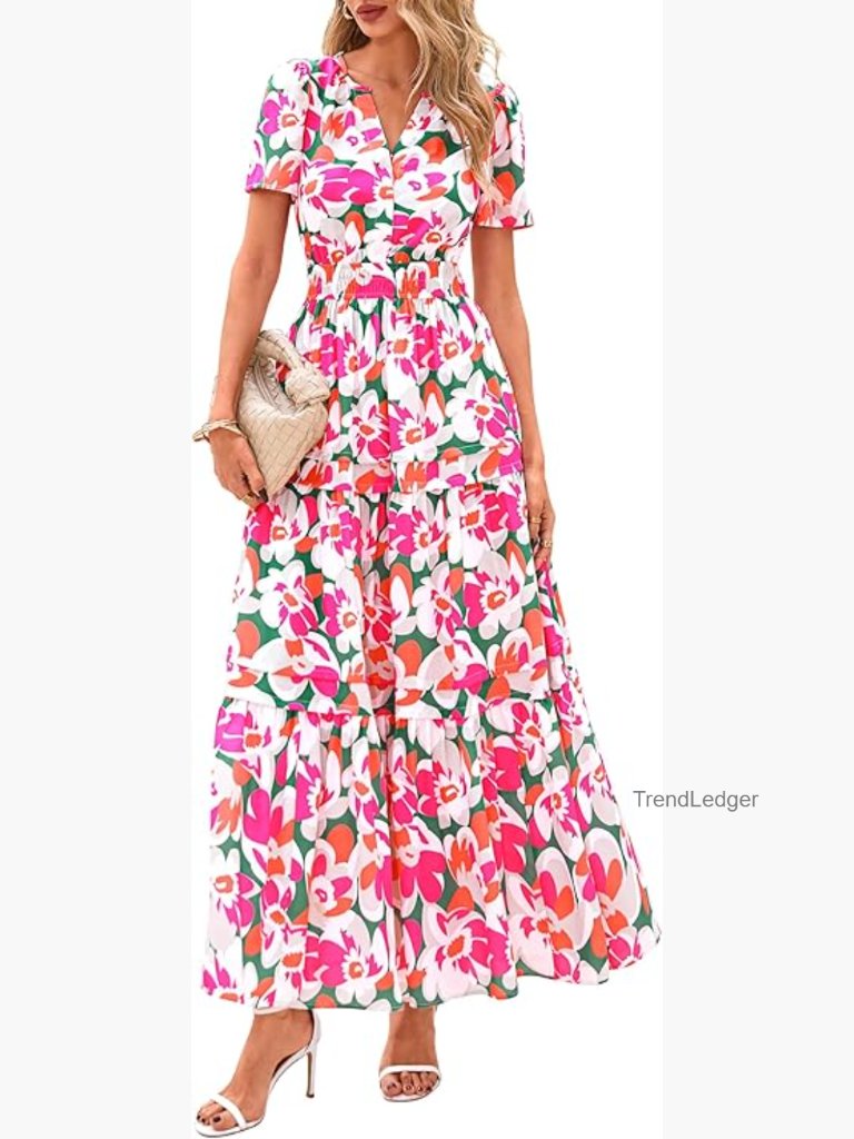 Women's Boho Maxi Dress Short Sleeve V-Neck A-Line Tiered Flowy Beach Dress